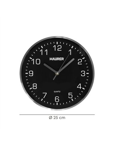Reloj de pared Ø250x45mm fabricado en metal y plástico color negro gris y blanco
