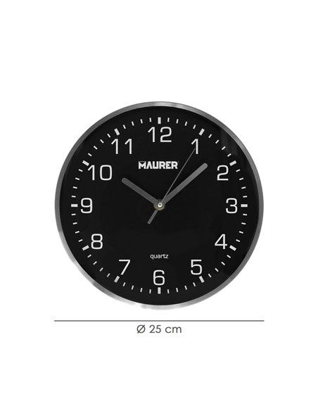 Reloj de pared Ø250x45mm fabricado en metal y plástico color negro gris y blanco