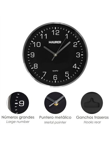 Reloj de pared Ø250x45mm fabricado en metal y plástico color negro gris y blanco