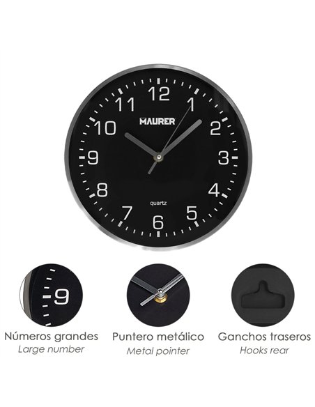 Reloj de pared Ø250x45mm fabricado en metal y plástico color negro gris y blanco