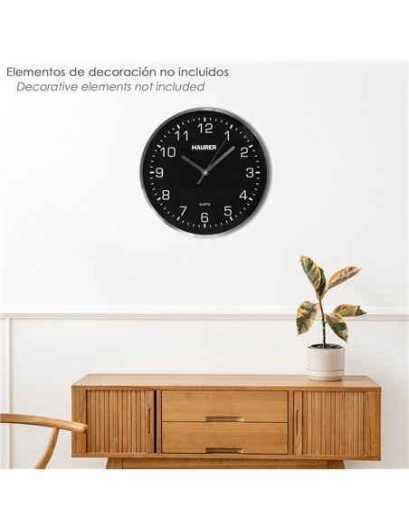 Reloj de pared Ø250x45mm fabricado en metal y plástico color negro gris y blanco