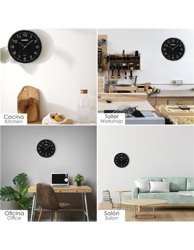 Reloj de pared Ø250x45mm fabricado en metal y plástico color negro gris y blanco