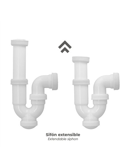Sifón curvo extensible “T-31” con tuerca loca  1 1/2" y salida de Ø40mm fabricado en PVC color blanco