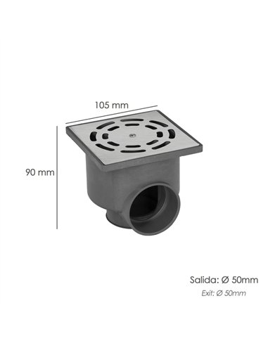 Sumidero sifónico inoxidable V-H 105x105x90mm con salida de Ø50mm fabricado en PVC color gris