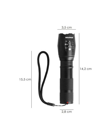 Linterna LED de mano (3xAAA no incluidas) con 4 modos de luz y zoom (5W 300lm) IP44 fabricada en aluminio color negro