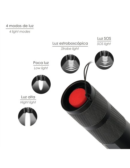 Linterna LED de mano (3xAAA no incluidas) con 4 modos de luz y zoom (5W 300lm) IP44 fabricada en aluminio color negro