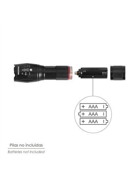 Linterna LED De Mano Aluminio A Pilas (3 AAA) 300 Lumenes 5 Watt. Con Zoom