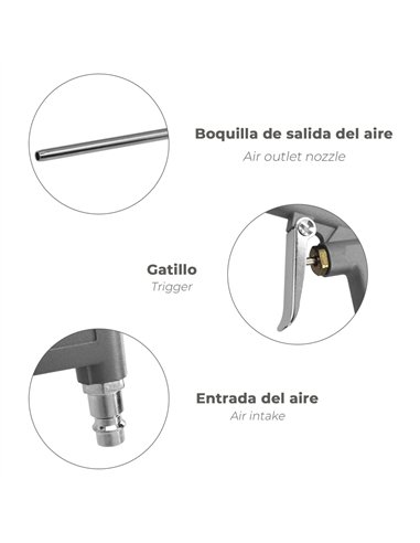 Pistola de soplado con cánula y adaptador rápido 24x16cm fabricada en aluminio y TPR color gris