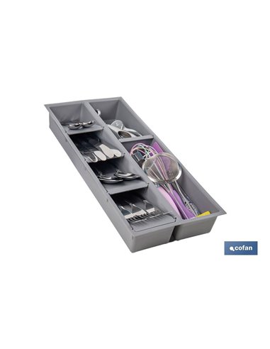 Organizador de cubiertos con separadores para cajón | Cubertero con 7 compartimentos y separadores modulares | Color: gris | Mat