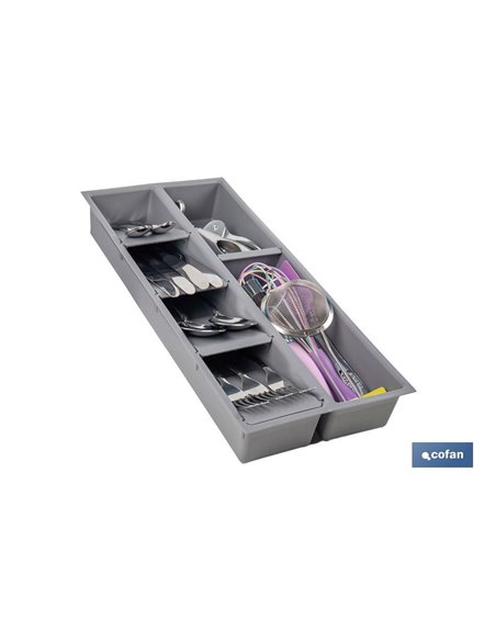 Organizador de cubiertos con separadores para cajón | Cubertero con 7 compartimentos y separadores modulares | Color: gris | Mat