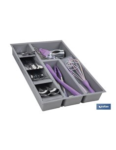 Organizador de cubiertos con separadores para cajón | Cubertero con 8 compartimentos y separadores modulares | Color: gris | Mat