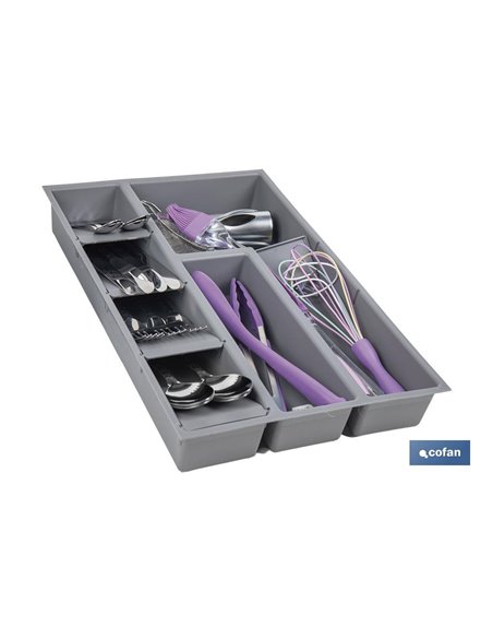 Organizador de cubiertos con separadores para cajón | Cubertero con 8 compartimentos y separadores modulares | Color: gris | Mat
