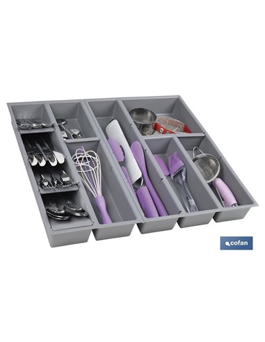 Organizador de cubiertos con separadores para cajón | Cubertero con 11 compartimentos y separadores modulares | Color: gris | Ma