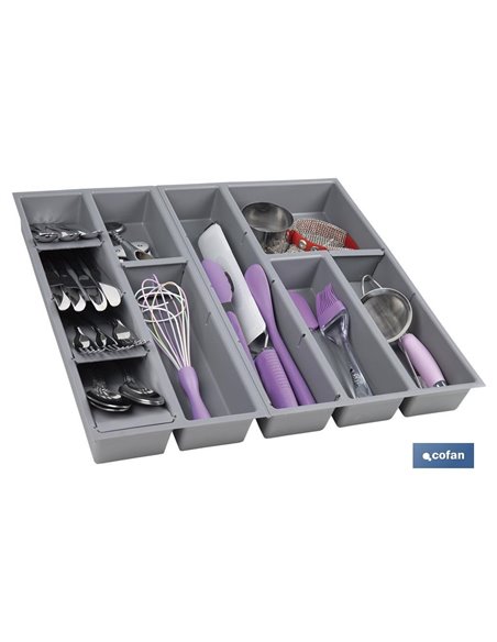 Organizador de cubiertos con separadores para cajón | Cubertero con 11 compartimentos y separadores modulares | Color: gris | Ma