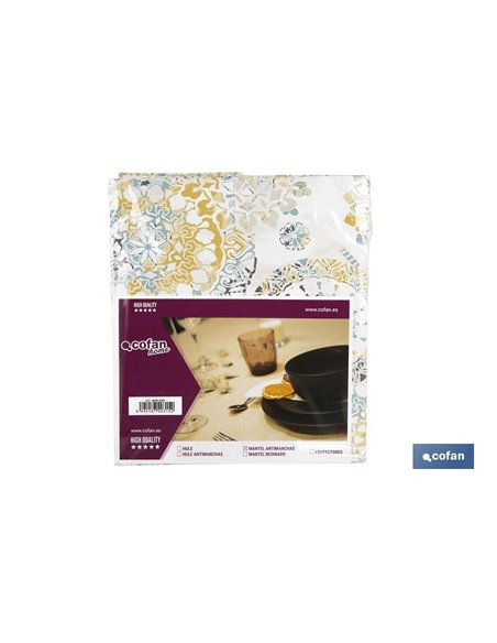 Mantel antimanchas | Diseño en mosaicos | Materiales: vinilo y poliéster | Impermeable | Fácil de limpiar | Disponible en difere