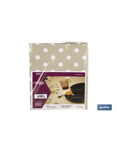 Mantel antimanchas | Color beige con diseño de lunares blancos | Materiales: vinilo y poliéster | Impermeable | Fácil de limpiar