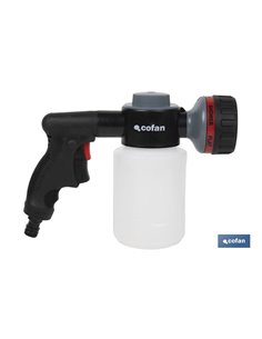 Pistola de riego con 6 posiciones ajustables y depósito para dispensador de jabón de 500 ml