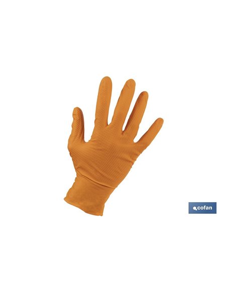 Caja de 100 guantes de nitrilo con textura diamantada | Tallas de la S a la XL | Color: Naranja