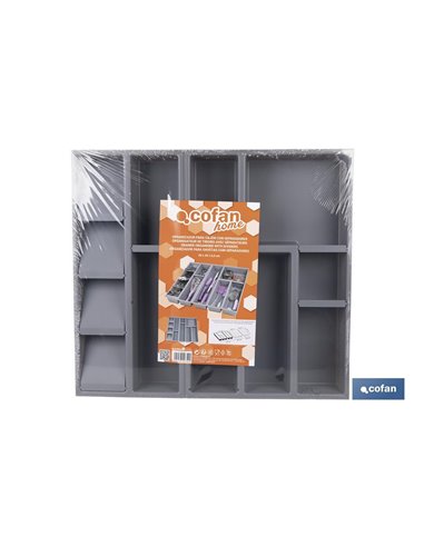 Organizador de cubiertos con separadores para cajón | Cubertero con 11 compartimentos y separadores modulares | Color: gris | Ma