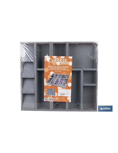 Organizador de cubiertos con separadores para cajón | Cubertero con 11 compartimentos y separadores modulares | Color: gris | Ma