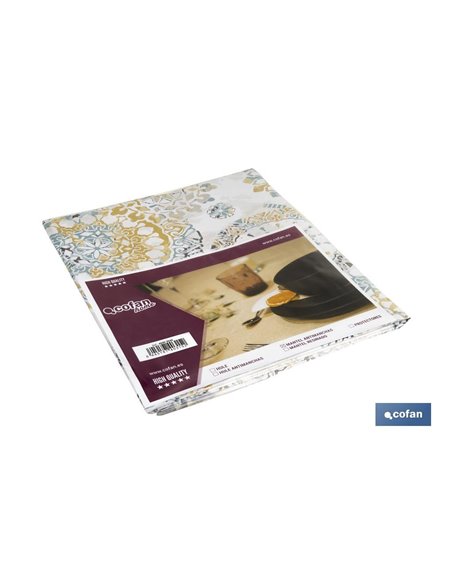 Mantel antimanchas | Diseño en mosaicos | Materiales: vinilo y poliéster | Impermeable | Fácil de limpiar | Disponible en difere