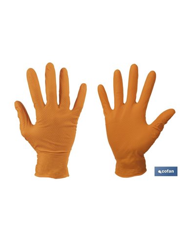 Caja de 100 guantes de nitrilo con textura diamantada | Tallas de la S a la XL | Color: Naranja
