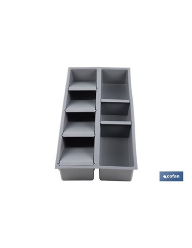 Organizador de cubiertos con separadores para cajón | Cubertero con 7 compartimentos y separadores modulares | Color: gris | Mat