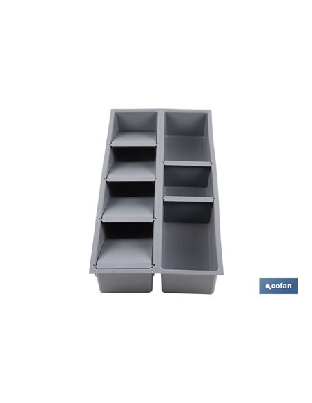Organizador de cubiertos con separadores para cajón | Cubertero con 7 compartimentos y separadores modulares | Color: gris | Mat
