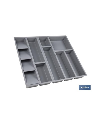 Organizador de cubiertos con separadores para cajón | Cubertero con 11 compartimentos y separadores modulares | Color: gris | Ma
