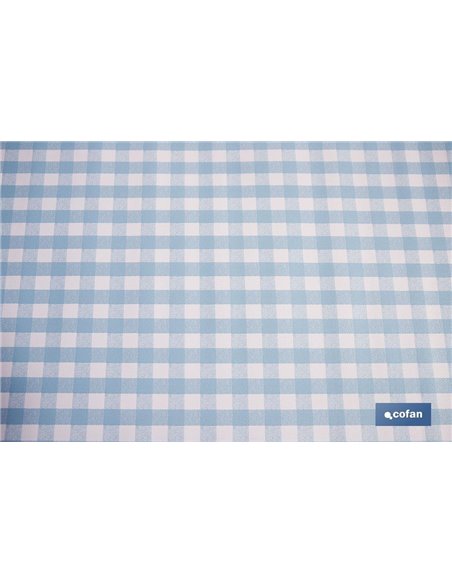 Mantel antimanchas | Diseño en cuadros vichy azules | Materiales: vinilo y poliéster | Impermeable | Fácil de limpiar | Disponib