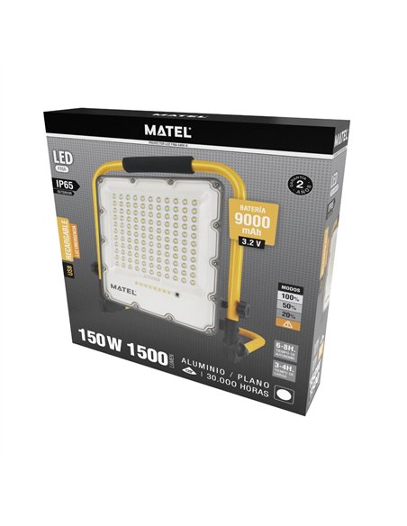 Wiederaufladbarer, faltbarer LED-Projektor mit 4 Lichtmodi (150 W, 6400 K, 1500 lm), IP65, 29 x 39 x 6 cm