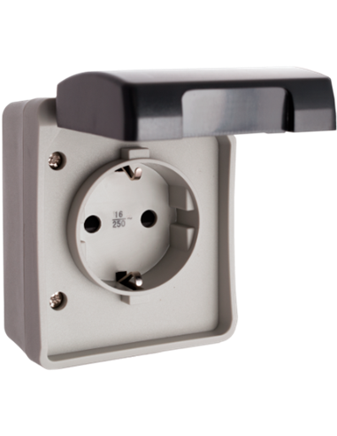 Base de enchufe 2P+TT (Hasta 3680W 16A 250V) para tubo de hasta Ø20mm IP44 6,5x8x5,5cm color gris y negro