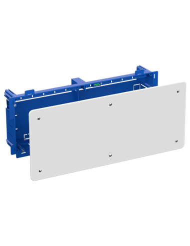 Boîte de raccordement cloison creuse encastrable pour tube Ø25mm avec cache aveugle IP20 42x18x6,4cm coloris bleu et blanc