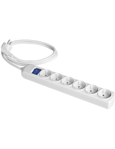 Base multipla con 6 prese Schuko 2P+T con interruttore e cavo blu (Fino a 3680W 16A 250V) IP20 35,2x5x4,1cm colore bianco