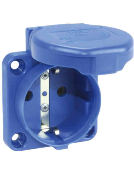 Fixed base Schuko 2P+T back panel with cover (16A 250V) IP54/IK09 5x6,2x4,2cm blue