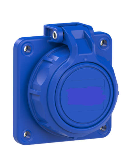 Fixed base Schuko 2P+T back panel with cover (16A 250V) IP67/IK09 7,5x8,4x6,1cm blue