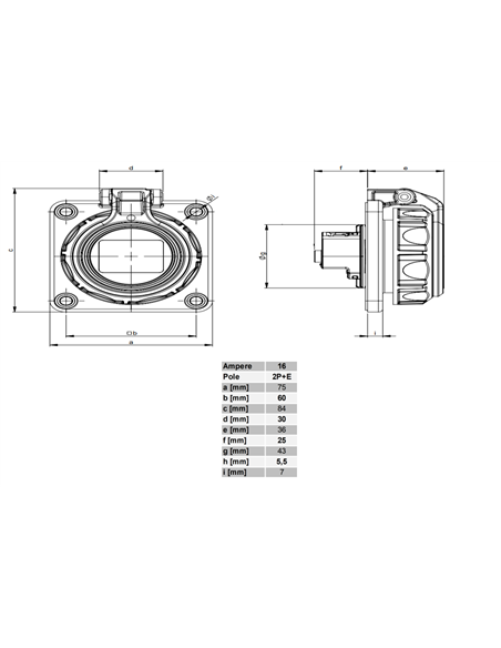Base fixe panneau arrière Schuko 2P+T avec couvercle (16A 250V) IP67/IK09 7,5x8,4x6,1cm coloris bleu