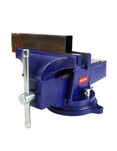 Tornillo de banco 10cm (75mm de apertura) con mordazas endurecidas y base giratoria de 360º color azul 2