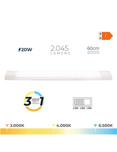 REGLETA LED 20 W TEMPERATURA DE LUZ VARIABLE 6500 K / 4000 K / 3000 K, 3CCT, 2045 lm, 60 x 2,6 x 7,4 cm