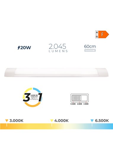 REGLETA LED 20 W TEMPERATURA DE LUZ VARIABLE 6500 K / 4000 K / 3000 K, 3CCT, 2045 lm, 60 x 2,6 x 7,4 cm