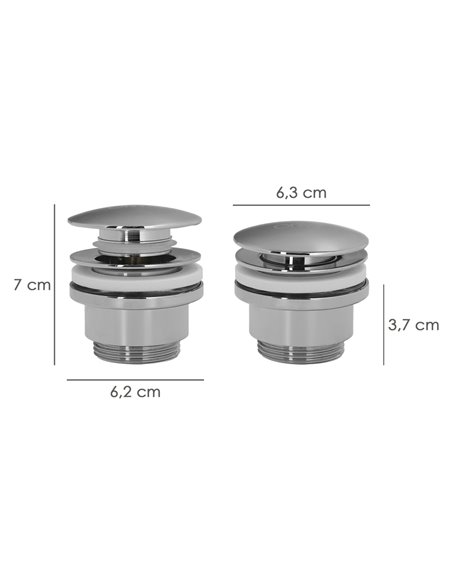 Válvula para lavabo “Clic Clac” 1 1/4" Ø6,3x7x3,7cm fabricada en PVC y acero inoxidable