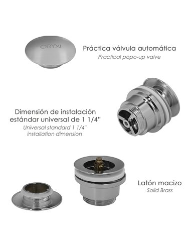 Válvula para lavabo “Clic Clac” 1 1/4" Ø6,3x7x3,7cm fabricada en PVC y acero inoxidable