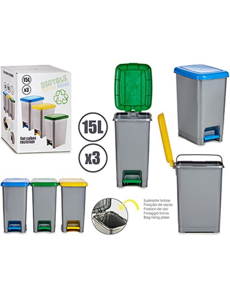 SET 3 CONTENEDORES BASURA SELECTIVO CON PEDAL 15lt 92408 AR