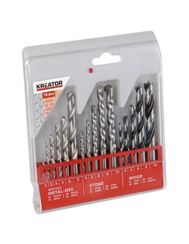 JUEGO 16 BROCAS HSS-WIDIA-MADERA 2-10mm KRT012502 KREATOR