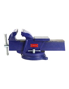 Tornillo de banco 10cm (75mm de apertura) con mordazas endurecidas y base giratoria de 360º color azul