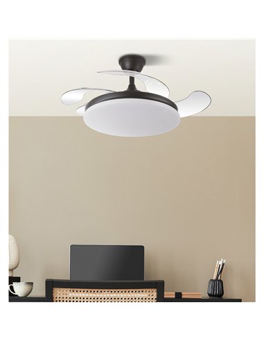 Ventilador Dc Tridente Mini 59w Negro 4aspas Desp.91d 6980lm Reg.intensidad Remoto+temporizador+memoria 3000-4000-6000k