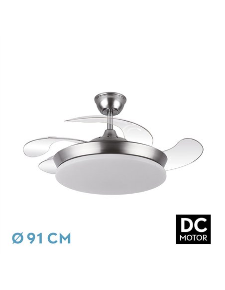 Ventilador Dc Tridente Mini 59w Niquel 4aspas Desp.91d 6980lm Reg.intensidad Remoto+temporizador+memoria 3000-4000-6000k