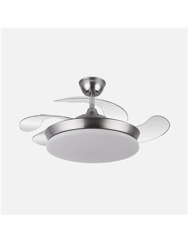 Ventilador Dc Tridente Mini 59w Niquel 4aspas Desp.91d 6980lm Reg.intensidad Remoto+temporizador+memoria 3000-4000-6000k
