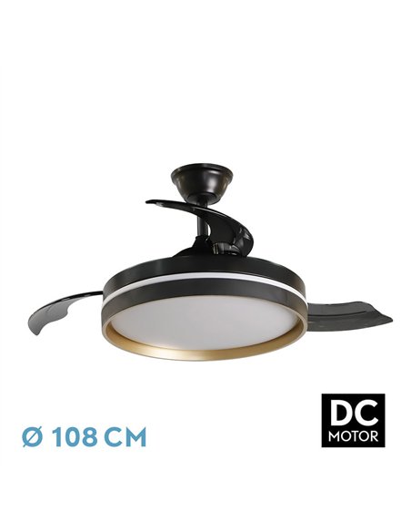 Ventilador Dc Mandarin Negro/oro 72w 3aspas 108d Reg.intensidad 7200lm 3000-4000-6500k Remoto+memoria+temporizador 