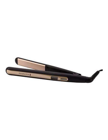 Plancha de pelo cerámica “S6500” para pelo liso y rizos de calentamiento rápido 29x3x4cm color negro y dorado
